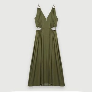 Maje Rune Openwork Cutout Satin Midi Dress Khaki Green FR 34 US XS